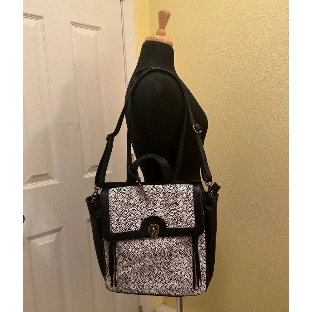 Fossil Amelia White Cheetah Black Leather Convertible Backpack Bag ZB7856504